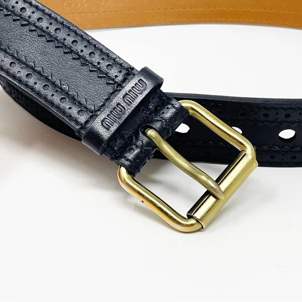 Miu Miu Italian Leather Belt Perforated Laser-Cut Black 32 - Picture 2 of 8